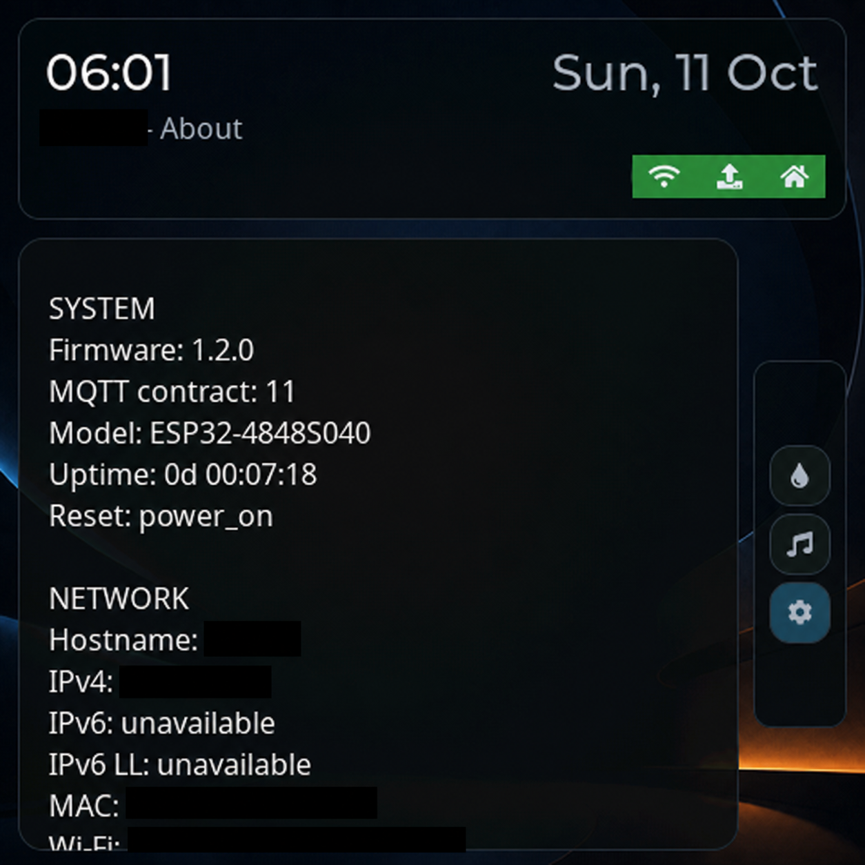 WallDisplay About page with system diagnostics and identifying details redacted